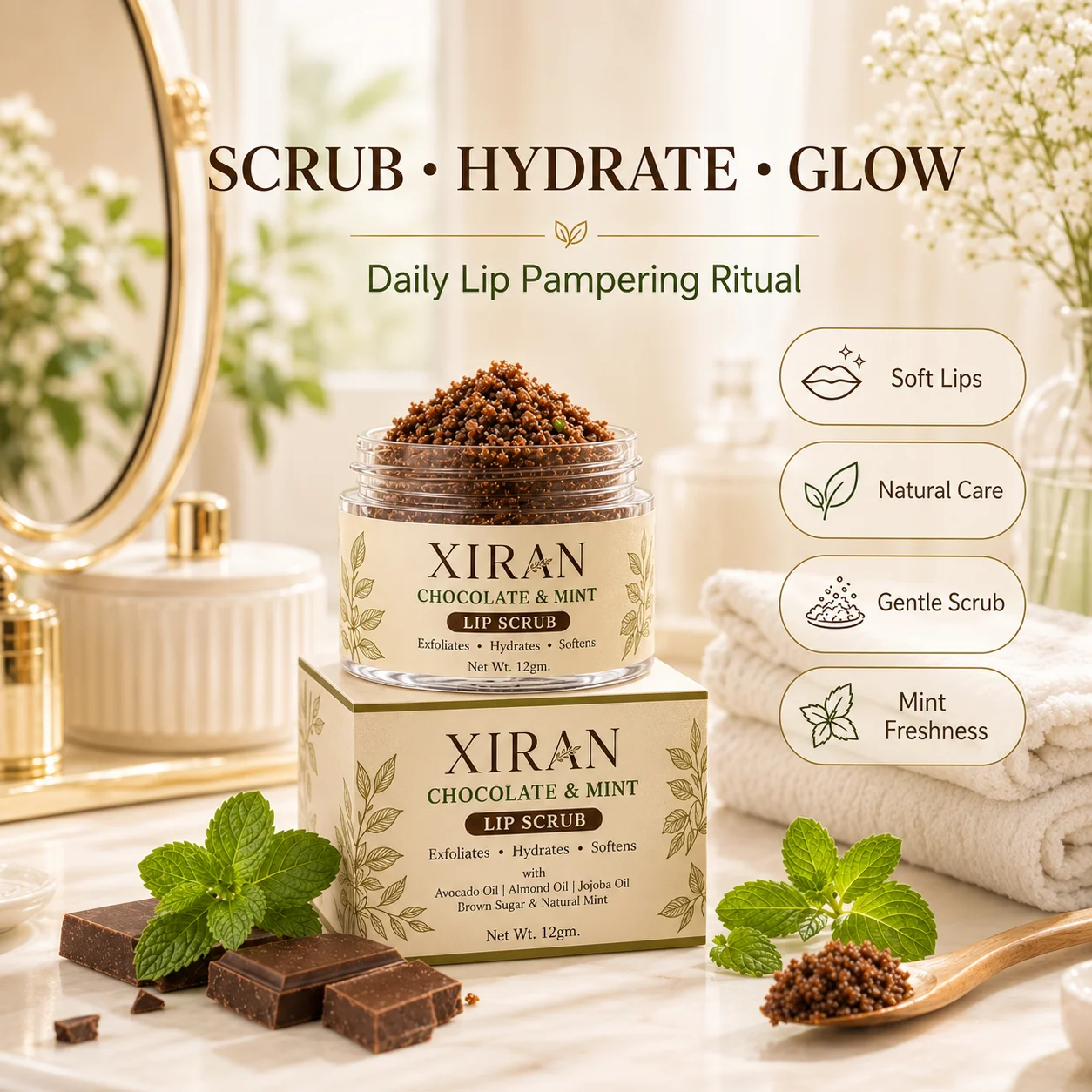 Chocolate and mint lip scrub in a clear jar and box surrounded by fresh mint leaves and chocolate pieces, promoting hydration and exfoliation.